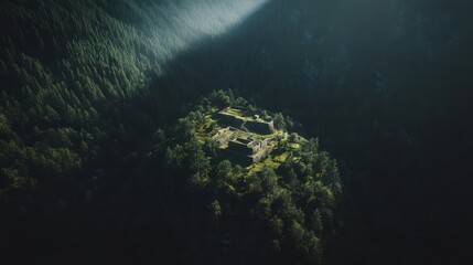 High-angle view of ancient ruins nestled within a lush, dark green forest, bathed in a soft light.
