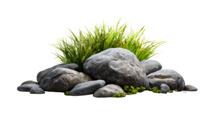 Smooth gray river stones with green grass cluster on white, cut out transparent