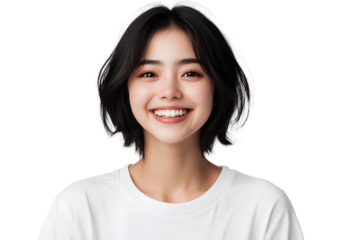 portrait of a happy asian woman with short black hair wearing a white t-shirt, laughing against a transparent png background