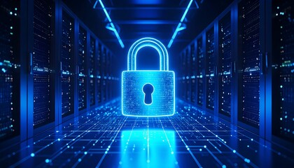Glowing padlock in a server room