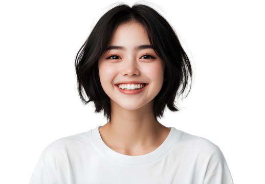  portrait of a happy asian woman with short black hair wearing a white t-shirt, laughing against a transparent png background 