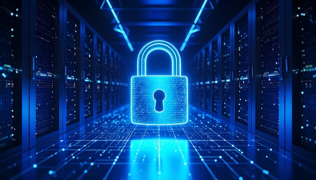 Glowing padlock in a server room