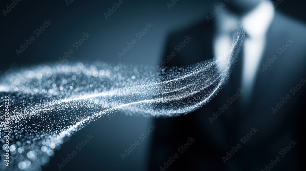 Poster a dynamic swirl of sparkling particles flows from a blurred figure in a suit, creating a sense of my