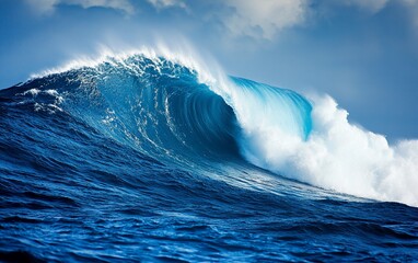 Powerful wave crests in ocean, frothy foam and sky