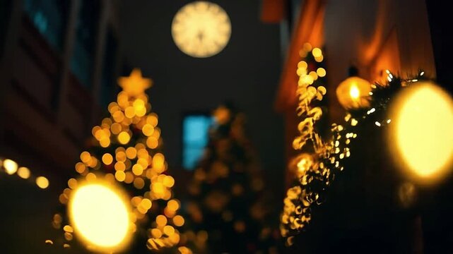 Blurred Christmas street scene with decorated trees lit garlands and a clock tower