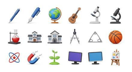 Pen fountain pen globe guitar microscope laboratory flask school building compass triangle ruler basketball atom magnet plant computer monitor desktop monitor and easel with canvas are displayed