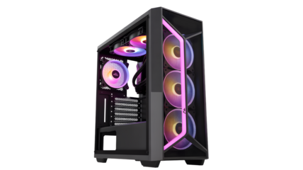 Dynamic gaming PC tower with vibrant RGB lighting, showcasing powerful performance and modern design
