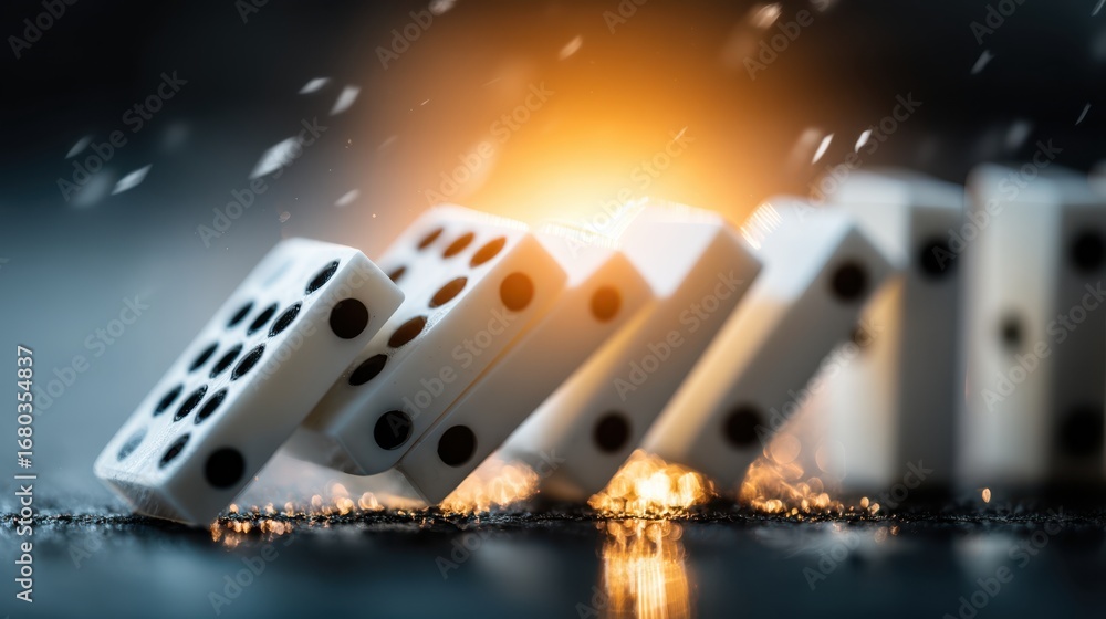 Poster A visually striking image of falling dominoes, creating a dynamic effect with light and motion, symbolizing chain reactions and cause and effect.