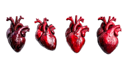 Four human hearts, anatomical organs, medical illustration, cut out transparent