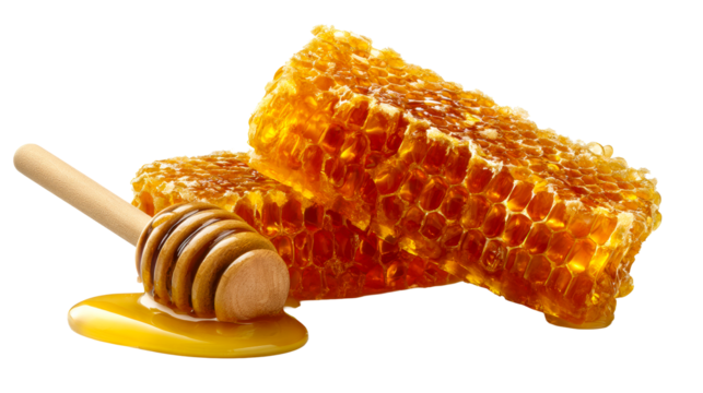 Golden honeycomb pieces with viscous nectar and wooden dipper, cut out transparent