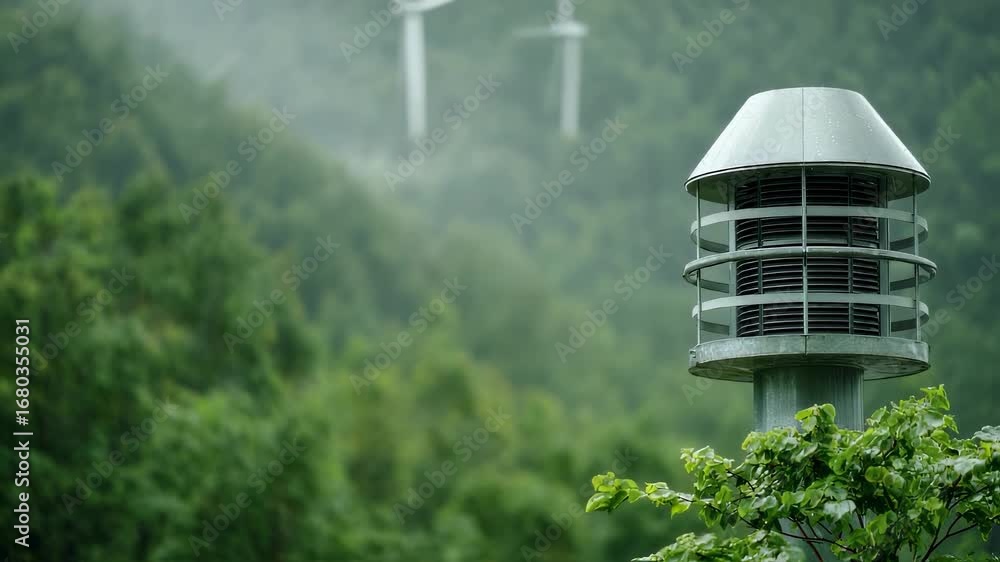 Poster medium shot focusing on a windpowered ventilation tower of an ecobuilding with indistinct greenery b