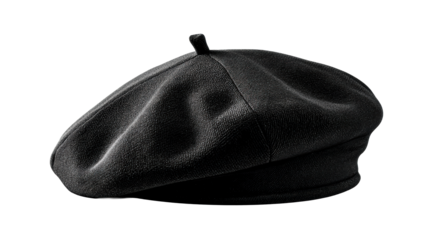 Classic black beret hat with textured fabric and a small stem accent, cut out transparent