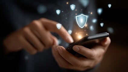 Close-up of hands holding a phone, with digital shield icons overlayed
