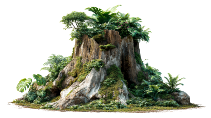 Old tree stump covered in lush green moss and tropical plants on white, cut out transparent