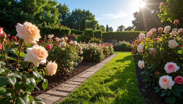 Rose garden captured with natural lighting, professional photography, no distortion, clean colors