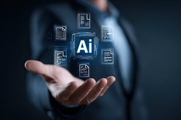 Business hand displaying AI-powered document processing