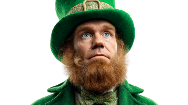 Close-up Portrait of a Bearded Man in Green Leprechaun Hat and Coat, cut out transparent