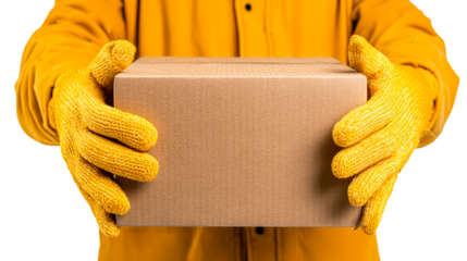 Person wearing yellow protective gloves holds a cardboard box, cut out transparent