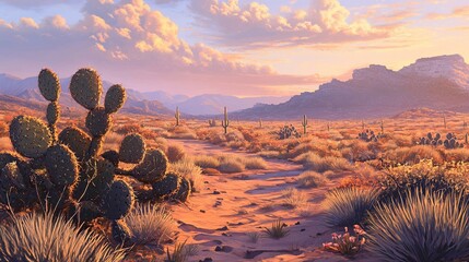 Arid landscape cactus, desert path, mountains, and a pastel sky at sunset, digital art