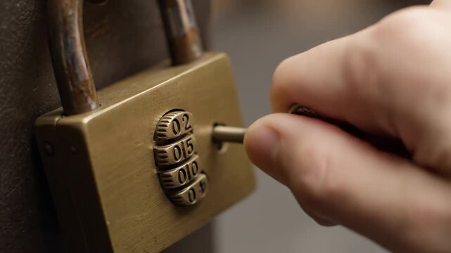 Combination Lock and Key - Close-up shot of a hand inserting a key into an antique brass combination lock. The numbers on the lock are visible and the key is antique style.
