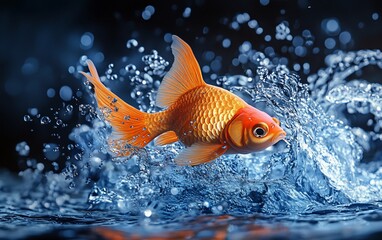 Gold fish leaps from water, surrounded by splashing droplets. Black background