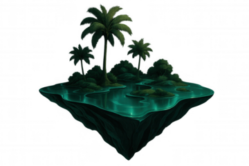 Lush vegetation and palm trees growing on a piece of land floating in the air with transparent background
