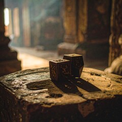Two intricately carved dice rest on a weathered stone surface, bathed in warm sunlight, within a dimly lit, ancient-feeling interior.