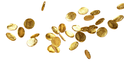 Scattered golden coins falling on white background, cut out transparent