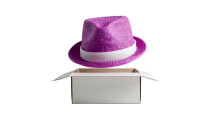 Purple woven fedora hat levitating above an open cardboard box, cut out transparent