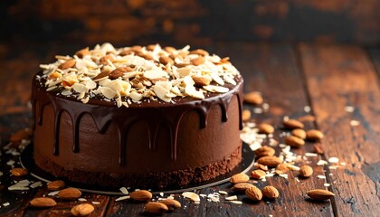 Decadent chocolate cake topped with almonds