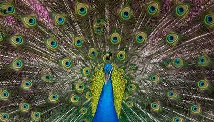 Majestic Peacock Displaying Iridescent Feathers in Full Bloom Against a Pink Backdrop