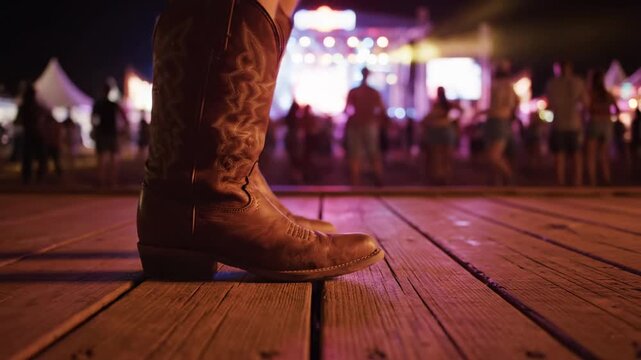 Cowboy Boots at Night Music Festival - Close-up view of a pair of brown cowboy boots on a wooden boardwalk at night, with a blurred background showing a lively music festival.