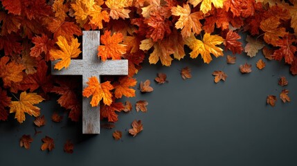 Autumnal Cross with Colorful Leaves: A serene scene of a wooden cross adorned with vibrant fall foliage, embodying faith and the changing seasons. Generative  Ai