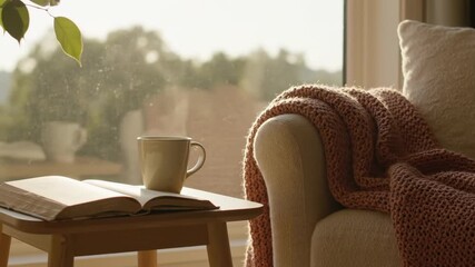Cozy Reading Nook by Window - A tranquil scene of a cozy reading nook featuring an open book, a mug, and a soft knitted throw draped over an armchair, all bathed in the warm glow of natural sunlight - Powered by Adobe