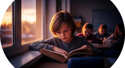 kids learning in class young student reads book by window at sunset