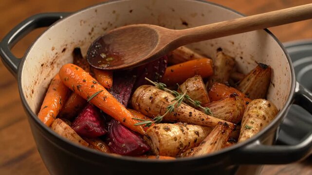 Roasted Root Vegetables in Enamel Pot - A close-up top-down shot shows a rustic enamelware pot filled with oven-roasted root vegetables, including carrots, parsnips, and beets.