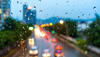 Rainy city street view through a window