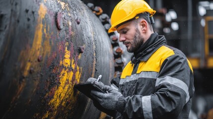 Asset Inspection: Male Engineer Checking Oil and Gas Pipeline for Corrosion and Leak
