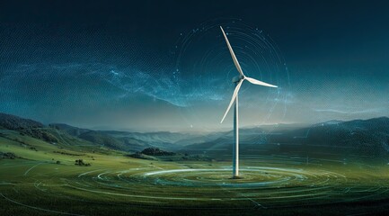 A wind turbine stands in a grassy valley at dusk, surrounded by digital light trails