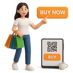 3D illustration of a woman holding shopping bags and pointing to a QR code with a "Buy Now" button, representing online shopping, e-commerce, and digital payments.
