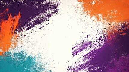 Vibrant paint splatters in orange, purple, and teal on a creamy white background