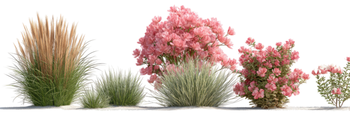 Landscape design with light tan, light gray and pink flowering plants