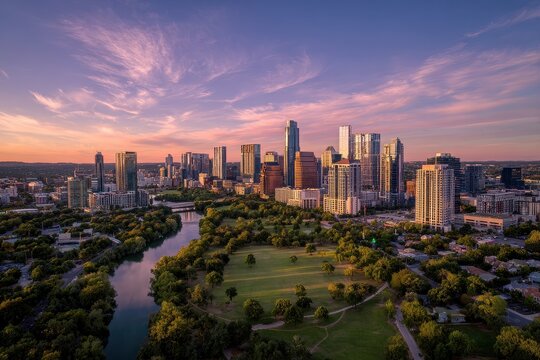 Austin Park. Urban City Skyline with Aerial View of Skyscrapers and Architecture - Powered by Adobe