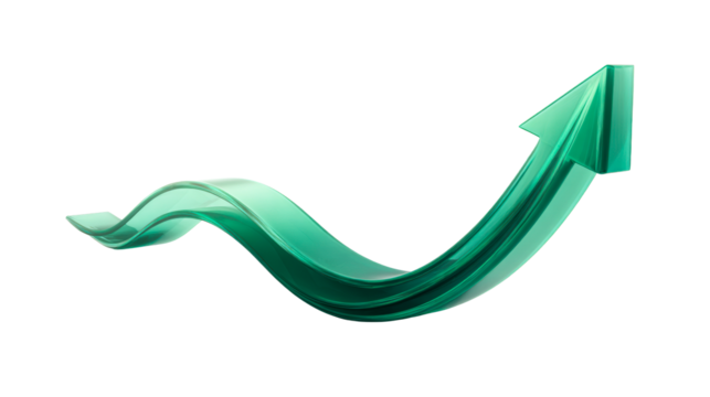 Green translucent wavy arrow pointing upward with a curve, cut out transparent