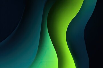Abstract, layered, wavy shapes in teal and lime green on a dark background