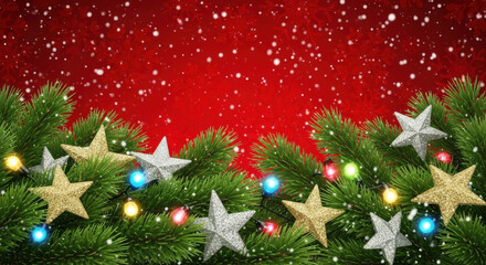 Christmas tree branch gold star silver star colorful light festive decoration red background snow holiday celebration winter