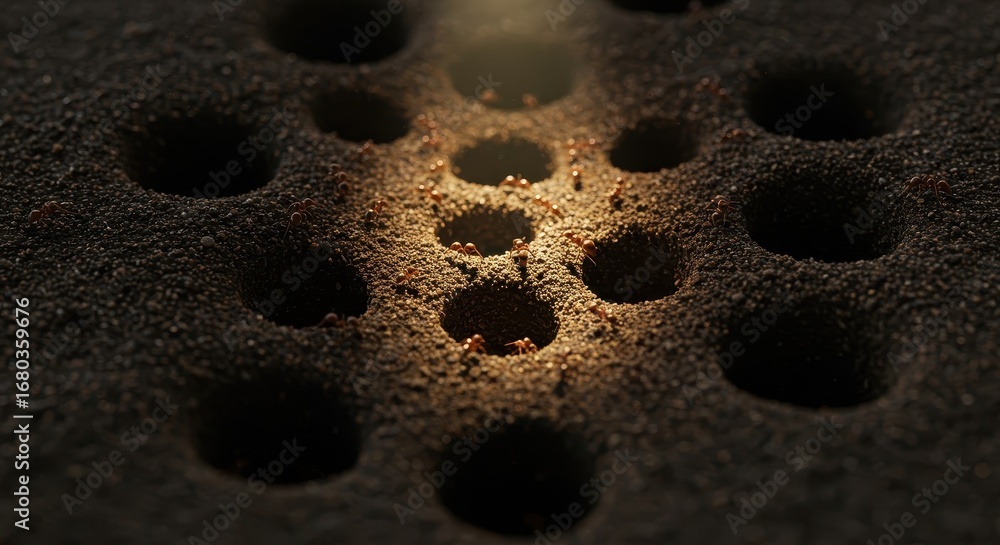 Aufkleber a close-up view of numerous tiny ants traversing a textured surface with round holes, illuminated by