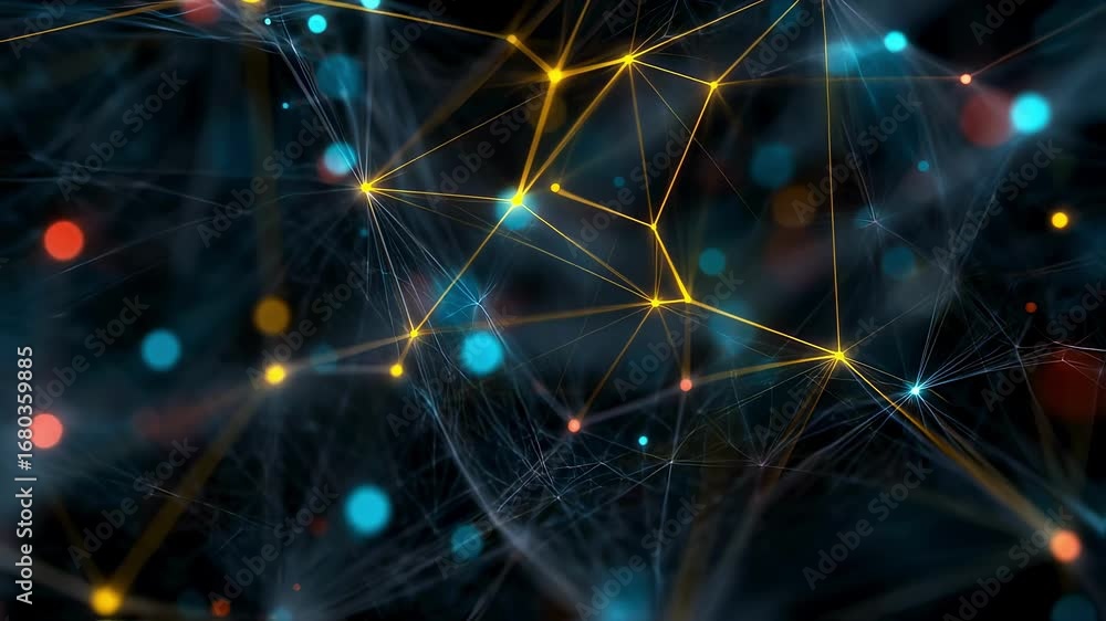 Poster medium frame of vivid intersecting network paths with a bright core node in focus contrasted by a so