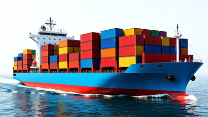 Large cargo ship sailing on the ocean, transporting containers filled with goods, symbolizing global trade and logistics