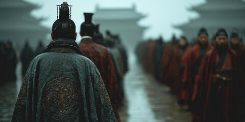 Historical gathering of scholars in traditional robes during a foggy day in an ancient city